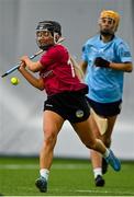 11 February 2024; Aoife Power of University of Galway scores her side's second goal during the Electric Ireland Purcell Cup final match between University of Galway and SETU Carlow at University of Galway Connacht GAA AirDome in Bekan, Mayo. Photo by Sam Barnes/Sportsfile