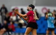 11 February 2024; Aoife Power of University of Galway celebrates after scoring her side's second goal during the Electric Ireland Purcell Cup final match between University of Galway and SETU Carlow at University of Galway Connacht GAA AirDome in Bekan, Mayo. Photo by Sam Barnes/Sportsfile