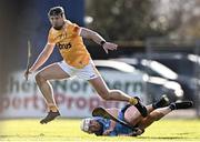 11 February 2024; Aodhan O'Brien of Antrim in action against Conor Donohue of Dublin during the Allianz Hurling League Division 1 Group B match between Antrim and Dublin at Corrigan Park in Belfast. Photo by Ramsey Cardy/Sportsfile