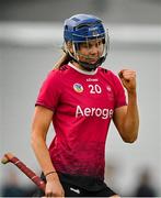 11 February 2024; Ai´ne O'Loughlin of University of Galway celebrates after scoring her side's third goal during the Electric Ireland Purcell Cup final match between University of Galway and SETU Carlow at University of Galway Connacht GAA AirDome in Bekan, Mayo. Photo by Sam Barnes/Sportsfile