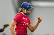 11 February 2024; Ai´ne O'Loughlin of University of Galway celebrates after scoring her side's third goal during the Electric Ireland Purcell Cup final match between University of Galway and SETU Carlow at University of Galway Connacht GAA AirDome in Bekan, Mayo. Photo by Sam Barnes/Sportsfile