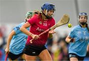 11 February 2024; Ai´ne O'Loughlin of University of Galway on her way scoring her side's third goal during the Electric Ireland Purcell Cup final match between University of Galway and SETU Carlow at University of Galway Connacht GAA AirDome in Bekan, Mayo. Photo by Sam Barnes/Sportsfile