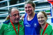 11 February 2024; Aoife O'Rourke of Ireland celebrates with her boxing coaches, Zaur Antia, left, and Lynne Mcenery after winning against Baison Manikon of Thailand in their middleweight 75kg final bout during the 75th International Boxing Tournament Strandja in Sofia, Bulgaria. Photo by Liubomir Asenov /Sportsfile