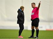 11 February 2024; SETU Carlow manager Ann Downey in conversation with the referee during the Electric Ireland Purcell Cup final match between University of Galway and SETU Carlow at University of Galway Connacht GAA AirDome in Bekan, Mayo. Photo by Sam Barnes/Sportsfile