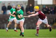11 February 2024; Darragh O'Donovan of Limerick in action against Owen McCabe of Westmeath during the Allianz Hurling League Division 1 Group B match between Westmeath and Limerick at TEG Cusack Park in Mullingar, Westmeath. Photo by Michael P Ryan/Sportsfile