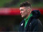 11 February 2024; The injured Peter O’Mahony of Ireland looks on during the warms-ups before the Guinness Six Nations Rugby Championship match between Ireland and Italy at the Aviva Stadium in Dublin. Photo by Brendan Moran/Sportsfile