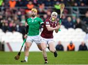 11 February 2024; Shane McGovern of Westmeath in action against Tom Morrissey of Limerick during the Allianz Hurling League Division 1 Group B match between Westmeath and Limerick at TEG Cusack Park in Mullingar, Westmeath. Photo by Michael P Ryan/Sportsfile