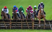 11 February 2024; Hiddenvalley Lake, right, with Darragh O'Keeffe up, jumps the last on their way to winning the William Hill Boyne Hurdle at Navan Racecourse in Meath. Photo by Seb Daly/Sportsfile