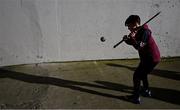 11 February 2024; Nine year old Kieran Goodman, from Woodford, practices his skills against a terrace wall before the Allianz Hurling League Division 1 Group B match between Tipperary and Galway at FBD Semple Stadium in Thurles, Tipperary. Photo by Ray McManus/Sportsfile