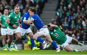 11 February 2024; Paolo Garbisi of Italy is tackled by Andrew Porter of Ireland during the Guinness Six Nations Rugby Championship match between Ireland and Italy at the Aviva Stadium in Dublin. Photo by Brendan Moran/Sportsfile