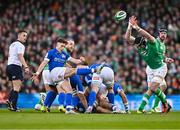 11 February 2024; Stephen Varney of Italy has his kick blocked by James Ryan of Ireland during the Guinness Six Nations Rugby Championship match between Ireland and Italy at the Aviva Stadium in Dublin. Photo by Ben McShane/Sportsfile