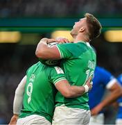 11 February 2024; Jack Crowley of Ireland, left, celebrates with team-mate Craig Casey after scoring their side's first try during the Guinness Six Nations Rugby Championship match between Ireland and Italy at the Aviva Stadium in Dublin. Photo by Brendan Moran/Sportsfile