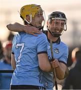 11 February 2024; Seán Gallagher, right, and Daire Gray of Dublin after their side's victory in the Allianz Hurling League Division 1 Group B match between Antrim and Dublin at Corrigan Park in Belfast. Photo by Ramsey Cardy/Sportsfile