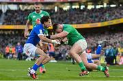 11 February 2024; Dan Sheehan of Ireland scores his side's second try despite the efforts of Ange Capuozzo of Italy during the Guinness Six Nations Rugby Championship match between Ireland and Italy at the Aviva Stadium in Dublin. Photo by Ben McShane/Sportsfile