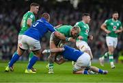 11 February 2024; Andrew Porter of Ireland is tackled by Pietro Ceccarelli, left, and Manuel Zuliani of Italy during the Guinness Six Nations Rugby Championship match between Ireland and Italy at the Aviva Stadium in Dublin. Photo by Brendan Moran/Sportsfile