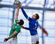 11 February 2024; Ryan Baird of Ireland and Federico Ruzza of Italy battle for possession in a line-out during the Guinness Six Nations Rugby Championship match between Ireland and Italy at the Aviva Stadium in Dublin. Photo by Piaras Ó Mídheach/Sportsfile