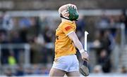 11 February 2024; Conal Cunning of Antrim reacts to a missed chance during the Allianz Hurling League Division 1 Group B match between Antrim and Dublin at Corrigan Park in Belfast. Photo by Ramsey Cardy/Sportsfile