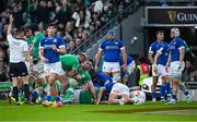 11 February 2024; Jack Conan of Ireland, bottom, celebrates with team-mate Andrew Porter after scoring his side's third try during the Guinness Six Nations Rugby Championship match between Ireland and Italy at the Aviva Stadium in Dublin. Photo by Brendan Moran/Sportsfile