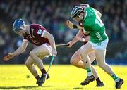 11 February 2024; Graeme Mulcahy of Limerick in action against Conor Gaffney of Westmeath during the Allianz Hurling League Division 1 Group B match between Westmeath and Limerick at TEG Cusack Park in Mullingar, Westmeath. Photo by Michael P Ryan/Sportsfile