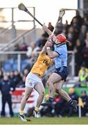 11 February 2024; Joseph McLaughlin of Antrim in action against Paddy Smyth of Dublin during the Allianz Hurling League Division 1 Group B match between Antrim and Dublin at Corrigan Park in Belfast. Photo by Ramsey Cardy/Sportsfile