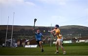 11 February 2024; Joseph McLaughlin of Antrim in action against Paddy Smyth of Dublin during the Allianz Hurling League Division 1 Group B match between Antrim and Dublin at Corrigan Park in Belfast. Photo by Ramsey Cardy/Sportsfile
