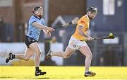 11 February 2024; Ryan McGarry of Antrim in action against Cian O'Sullivan of Dublin during the Allianz Hurling League Division 1 Group B match between Antrim and Dublin at Corrigan Park in Belfast. Photo by Ramsey Cardy/Sportsfile