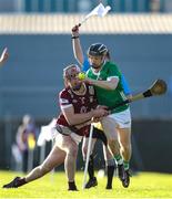 11 February 2024; Graeme Mulcahy of Limerick in action against Johnny Bermingham of Westmeath during the Allianz Hurling League Division 1 Group B match between Westmeath and Limerick at TEG Cusack Park in Mullingar, Westmeath. Photo by Michael P Ryan/Sportsfile