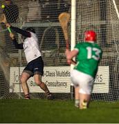 11 February 2024; Westmeath goalkeeper Noel Conaty fails to stop a shot on goal by Donnacha Ó Dálaigh of Limerick  during the Allianz Hurling League Division 1 Group B match between Westmeath and Limerick at TEG Cusack Park in Mullingar, Westmeath. Photo by Michael P Ryan/Sportsfile