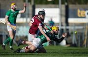11 February 2024; Tom Morrissey of Limerick in action against Darragh Egerton of Westmeath during the Allianz Hurling League Division 1 Group B match between Westmeath and Limerick at TEG Cusack Park in Mullingar, Westmeath. Photo by Michael P Ryan/Sportsfile