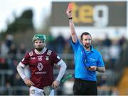 11 February 2024; David Williams of Westmeath is shown a red card by referee Colum Cunning during the Allianz Hurling League Division 1 Group B match between Westmeath and Limerick at TEG Cusack Park in Mullingar, Westmeath. Photo by Michael P Ryan/Sportsfile