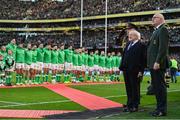 11 February 2024; President of Ireland Michael D Higgins stands for the national anthem before the Guinness Six Nations Rugby Championship match between Ireland and Italy at the Aviva Stadium in Dublin. Photo by Ben McShane/Sportsfile