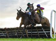 11 February 2024; Aodhan May, left, with Philip Byrnes up, jumps the last on their way to winning the Gibney's Handicap Hurdle, from eventual third place Clear The Clouds, right, with Conor Stone-Walsh up,  at Navan Racecourse in Meath. Photo by Seb Daly/Sportsfile