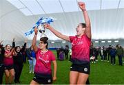 11 February 2024; University of Galway joint captains Fiona Ryan, left, and Tiffanie Fitzgerald celebrate with the cup after their side's victory in the Electric Ireland Purcell Cup final match between University of Galway and SETU Carlow at University of Galway Connacht GAA AirDome in Bekan, Mayo. Photo by Sam Barnes/Sportsfile