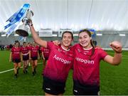 11 February 2024; University of Galway joint captains Fiona Ryan, left, and Tiffanie Fitzgerald celebrate with the cup after their side's victory in the Electric Ireland Purcell Cup final match between University of Galway and SETU Carlow at University of Galway Connacht GAA AirDome in Bekan, Mayo. Photo by Sam Barnes/Sportsfile