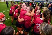 11 February 2024; Mairéad Dillon, left, and Tiffanie Fitzgerald of University of Galway celebrate after their side's victory in the Electric Ireland Purcell Cup final match between University of Galway and SETU Carlow at University of Galway Connacht GAA AirDome in Bekan, Mayo. Photo by Sam Barnes/Sportsfile