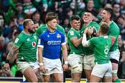 11 February 2024; Dan Sheehan of Ireland, centre, celebrates with team-mates from left, Andrew Porter, Calvin Nash, Craig Casey and Joe McCarthy after scoring their side's fourth try during the Guinness Six Nations Rugby Championship match between Ireland and Italy at the Aviva Stadium in Dublin. Photo by Brendan Moran/Sportsfile