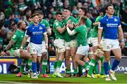 11 February 2024; Dan Sheehan of Ireland, centre, celebrates with team-mates from left, Andrew Porter, Calvin Nash, Craig Casey and Joe McCarthy after scoring their side's fourth try during the Guinness Six Nations Rugby Championship match between Ireland and Italy at the Aviva Stadium in Dublin. Photo by Brendan Moran/Sportsfile