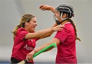 11 February 2024; University of Galway players Keisha Coleman, left, and Tiffanie Fitzgerald celebrate after their side's victory in the Electric Ireland Purcell Cup final match between University of Galway and SETU Carlow at University of Galway Connacht GAA AirDome in Bekan, Mayo. Photo by Sam Barnes/Sportsfile