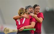 11 February 2024; University of Galway players, from left, Keisha Coleman, Tiffanie Fitzgerald  and Tegan Canning celebrate after their side's victory in the Electric Ireland Purcell Cup final match between University of Galway and SETU Carlow at University of Galway Connacht GAA AirDome in Bekan, Mayo. Photo by Sam Barnes/Sportsfile