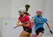 11 February 2024; Joanne Daly of University of Galway in action against Aimie Nolan of SETU Carlow during the Electric Ireland Purcell Cup final match between University of Galway and SETU Carlow at University of Galway Connacht GAA AirDome in Bekan, Mayo. Photo by Sam Barnes/Sportsfile