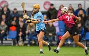 11 February 2024; Lynda Daly of SETU Carlow in action against Olywen Rabbitte of University of Galway during the Electric Ireland Purcell Cup final match between University of Galway and SETU Carlow at University of Galway Connacht GAA AirDome in Bekan, Mayo. Photo by Sam Barnes/Sportsfile