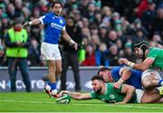 11 February 2024; Robbie Henshaw of Ireland dives over to score his side's fifth try which was subsequently disallowed during the Guinness Six Nations Rugby Championship match between Ireland and Italy at the Aviva Stadium in Dublin. Photo by Brendan Moran/Sportsfile