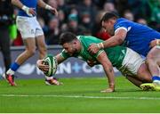 11 February 2024; Robbie Henshaw of Ireland dives over to score his side's fifth try which was subsequently disallowed during the Guinness Six Nations Rugby Championship match between Ireland and Italy at the Aviva Stadium in Dublin. Photo by Brendan Moran/Sportsfile