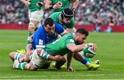 11 February 2024; Robbie Henshaw of Ireland dives over to score his side's fifth try which was subsequently disallowed during the Guinness Six Nations Rugby Championship match between Ireland and Italy at the Aviva Stadium in Dublin. Photo by Piaras Ó Mídheach/Sportsfile