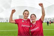 11 February 2024; University of Galway players Alannah Kelly, left, and Niamh McPeake celebrate after their side's victory in the Electric Ireland Purcell Cup final match between University of Galway and SETU Carlow at University of Galway Connacht GAA AirDome in Bekan, Mayo. Photo by Sam Barnes/Sportsfile