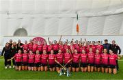 11 February 2024; University of Galway players celebrate with the cup after their side's victory in the Electric Ireland Purcell Cup final match between University of Galway and SETU Carlow at University of Galway Connacht GAA AirDome in Bekan, Mayo. Photo by Sam Barnes/Sportsfile