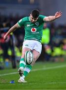 11 February 2024; Harry Byrne of Ireland kicks a conversion during the Guinness Six Nations Rugby Championship match between Ireland and Italy at the Aviva Stadium in Dublin. Photo by Piaras Ó Mídheach/Sportsfile