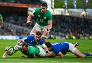 11 February 2024; Jamison Gibson-Park of Ireland scores his side's seventh try during the Guinness Six Nations Rugby Championship match between Ireland and Italy at the Aviva Stadium in Dublin. Photo by Brendan Moran/Sportsfile