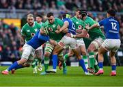 11 February 2024; Jack Conan of Ireland is tackled by Federico Ruzza, left, and Juan Ignacio Brex of Italy during the Guinness Six Nations Rugby Championship match between Ireland and Italy at the Aviva Stadium in Dublin. Photo by Brendan Moran/Sportsfile