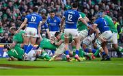 11 February 2024; Dan Sheehan of Ireland, centre, dives over to score his side's fourth try during the Guinness Six Nations Rugby Championship match between Ireland and Italy at the Aviva Stadium in Dublin. Photo by Brendan Moran/Sportsfile